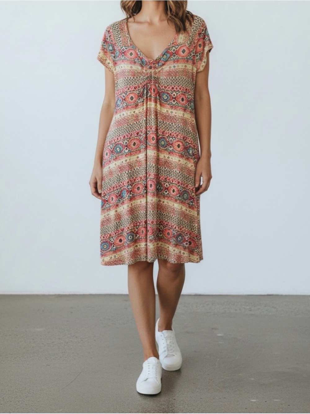 FRESH PRODUCE Shift Dress Knee Length Short Sleeve Size Medium Yellow Print